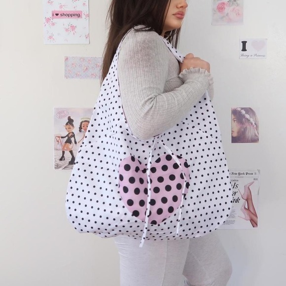 Polka Dot Tote Bag With Pink Heart Detail - Picture 2 of 6